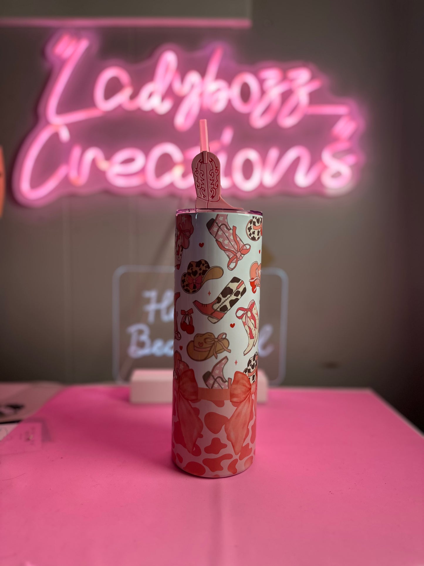 Pink boots Tumbler with Straw Topper included