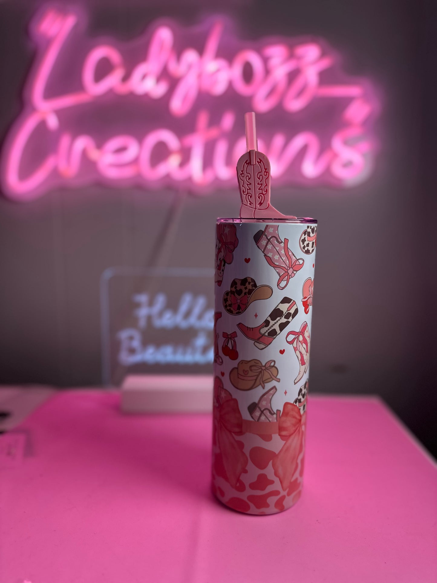 Pink boots Tumbler with Straw Topper included