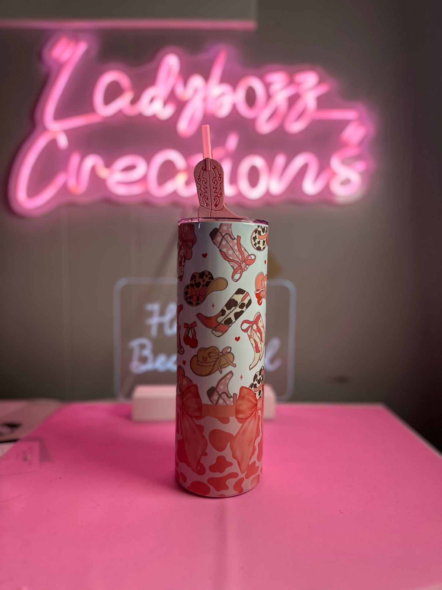 Pink boots Tumbler with Straw Topper included