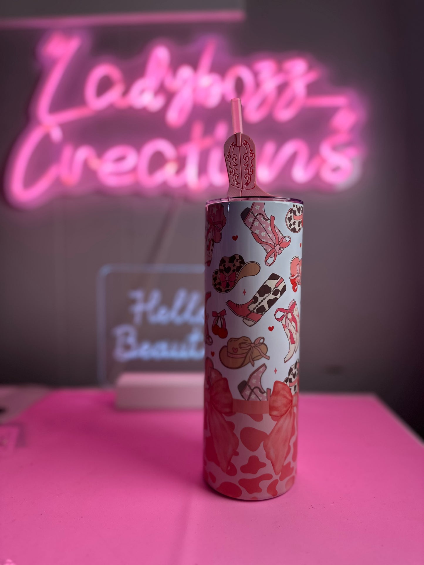 Pink boots Tumbler with Straw Topper included