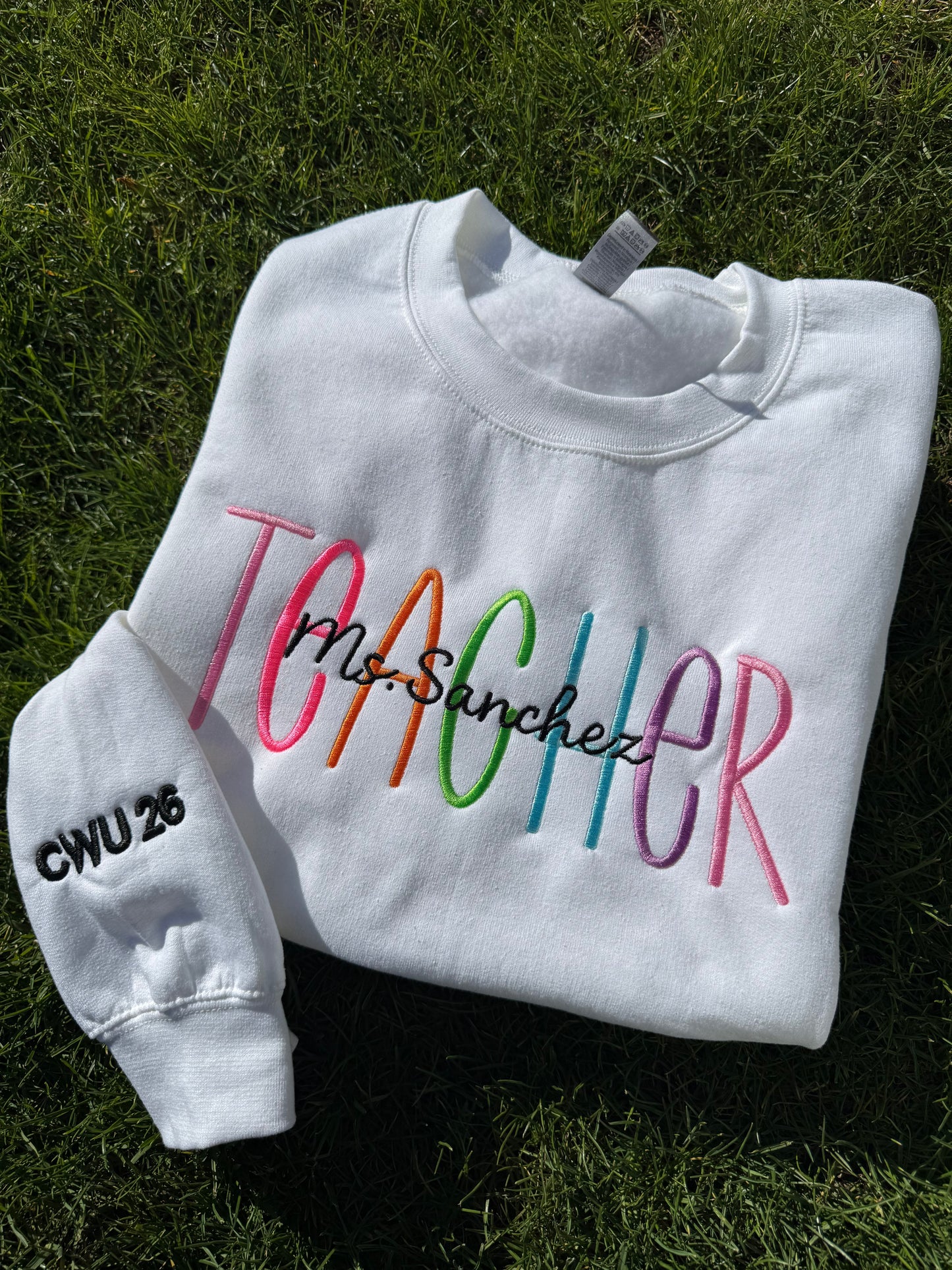 Custom Teacher Embroidered Crewneck – Personalized Name & Sleeve Option