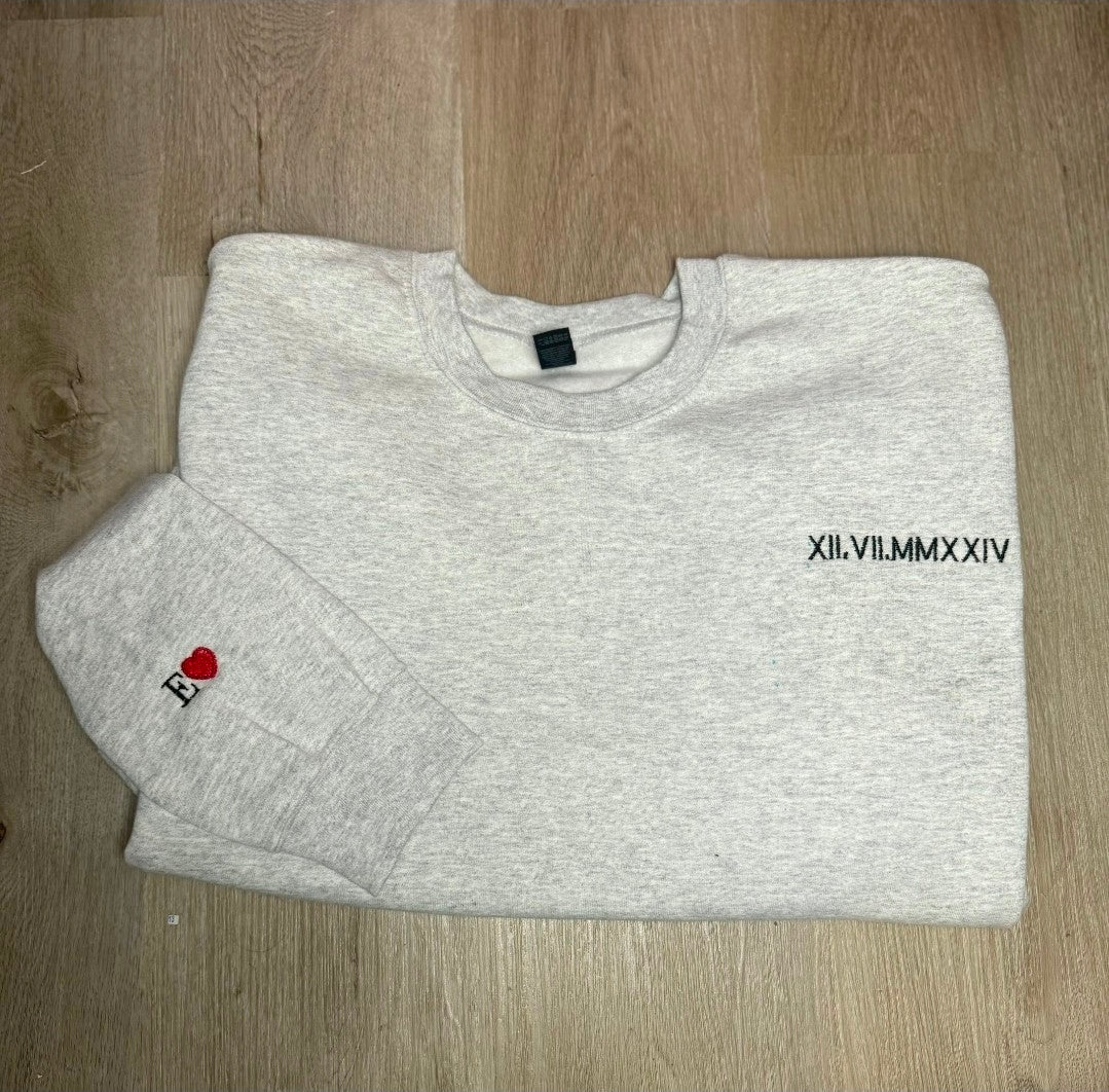 Roman Numeral Pocket Size/ with sleeve inital Crewneck/Custom Embroidery Sweaters