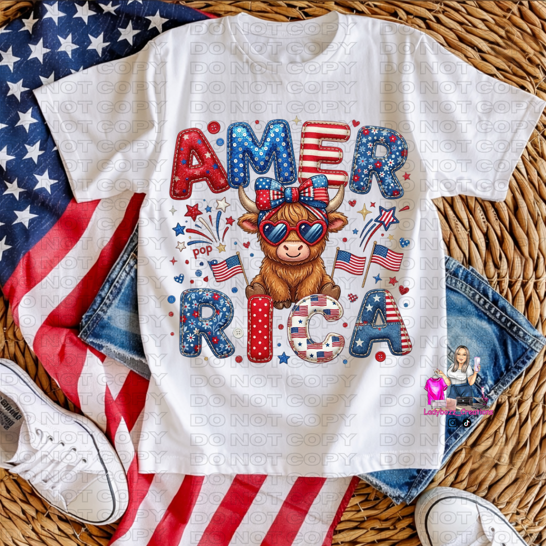 4th of July/Ame-Rica Highland Cow/Tshirt or print only/