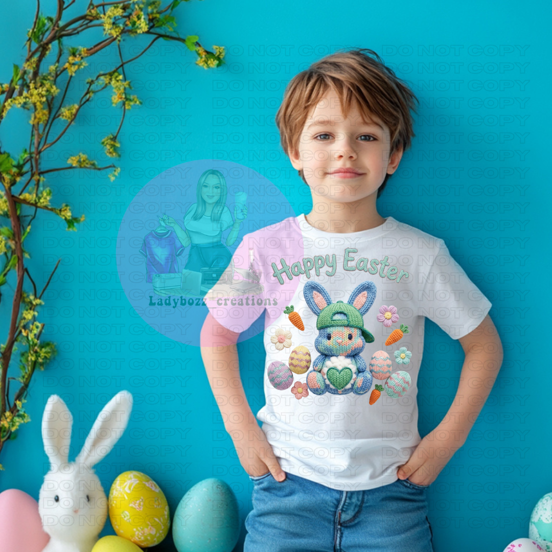 Happy Easter Bunny Blue Egg Faux Embroidery/kids/tshirts D19