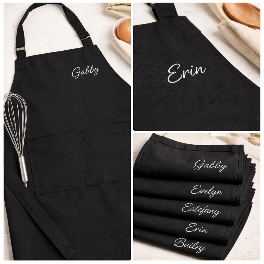 Personalize your own apron with a clean, professional embroidered name/embroidery