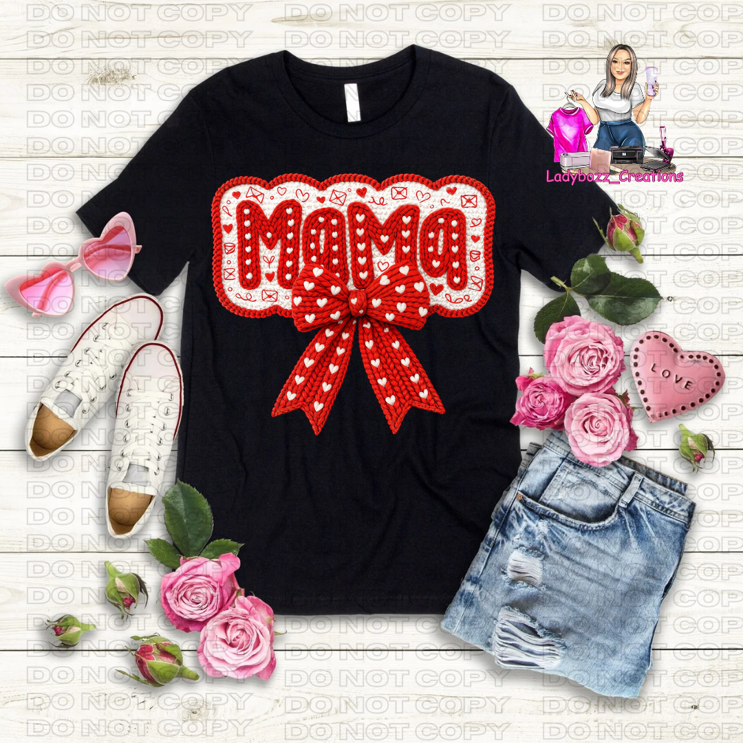 Mama Coquette Bow/Valentines/Faux Embroidery Tshirt/