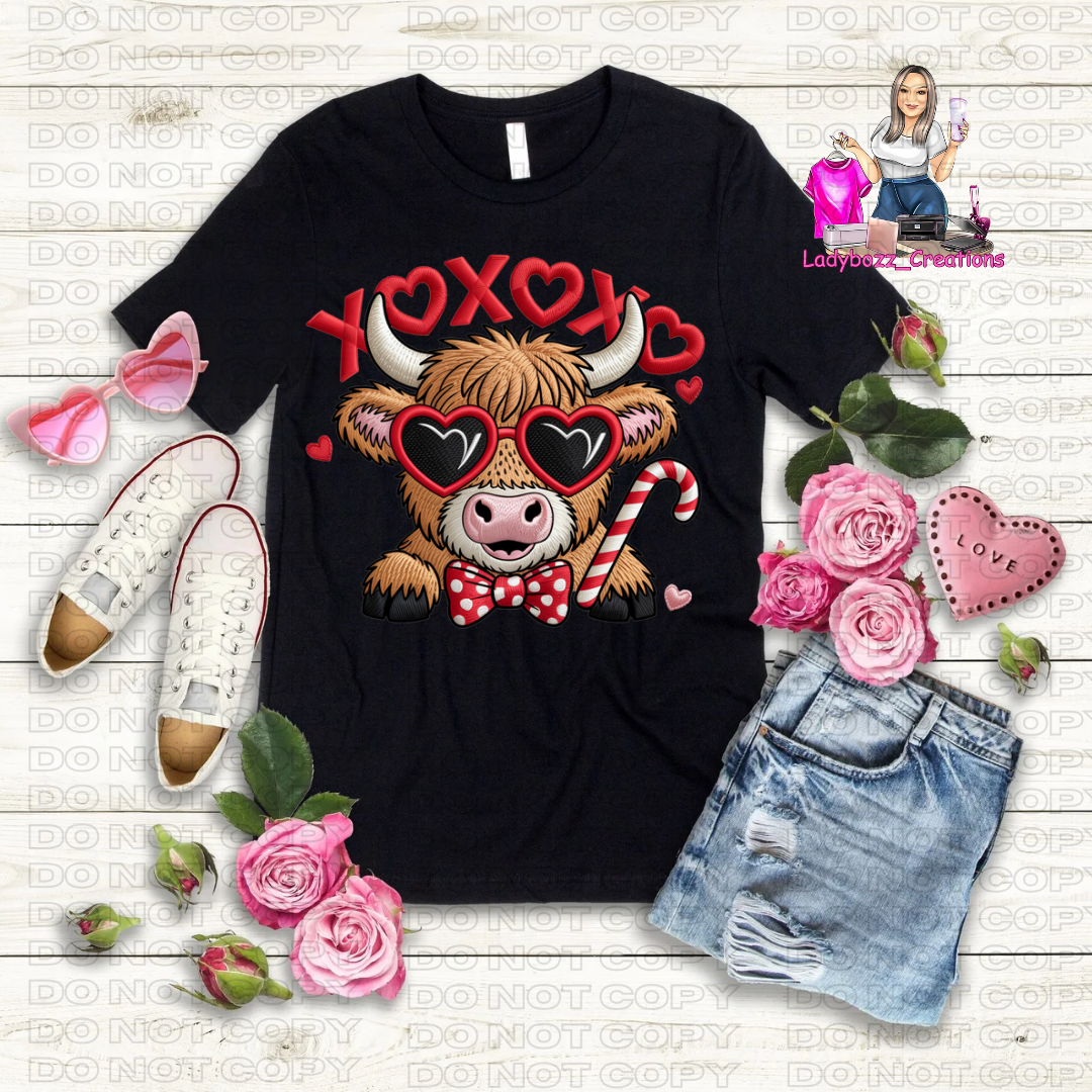 Highland Cow/Valentines/Faux Embroidery Tshirt/Several Options