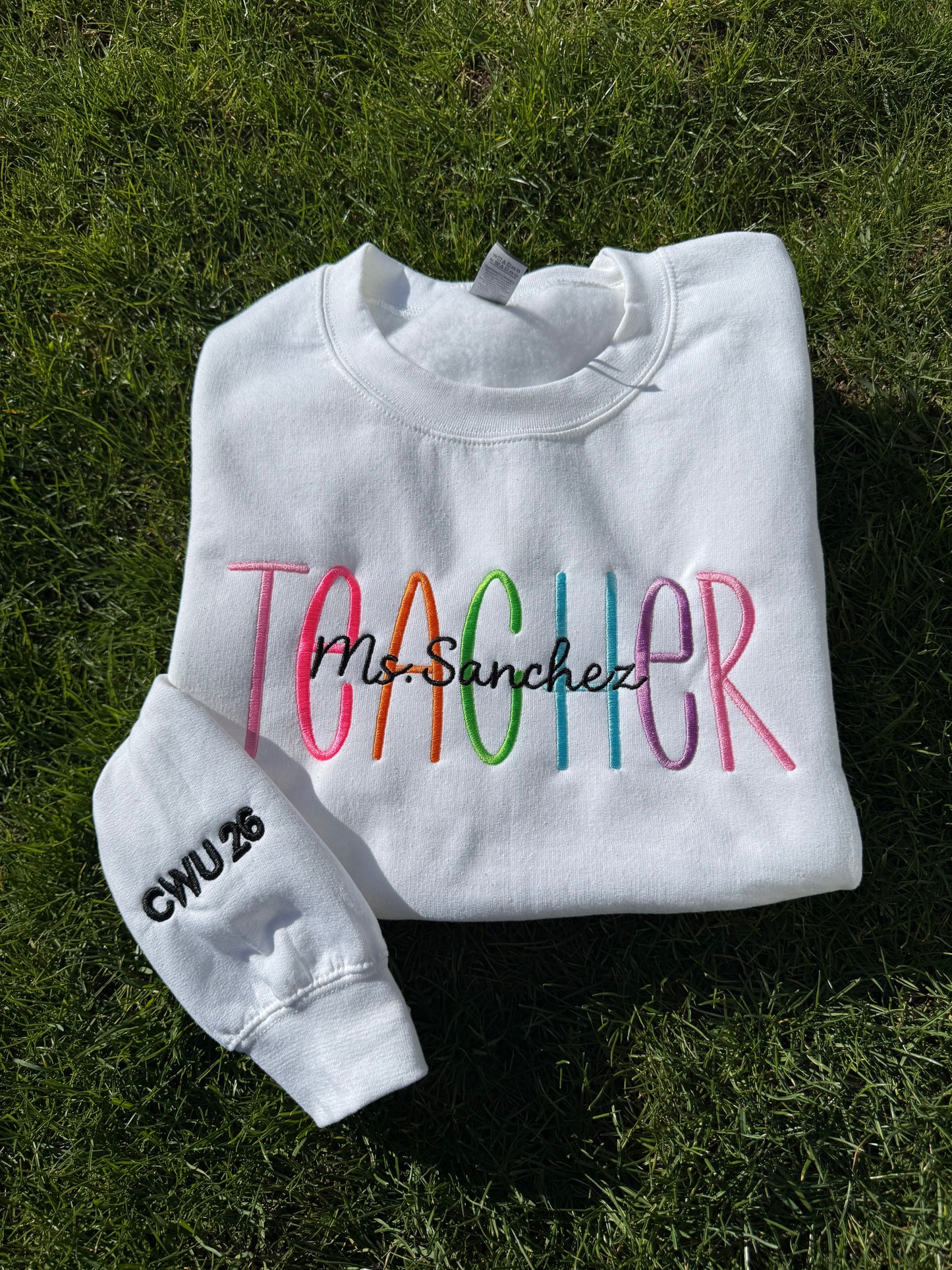 Custom Teacher Embroidered Crewneck – Personalized Name & Sleeve Option