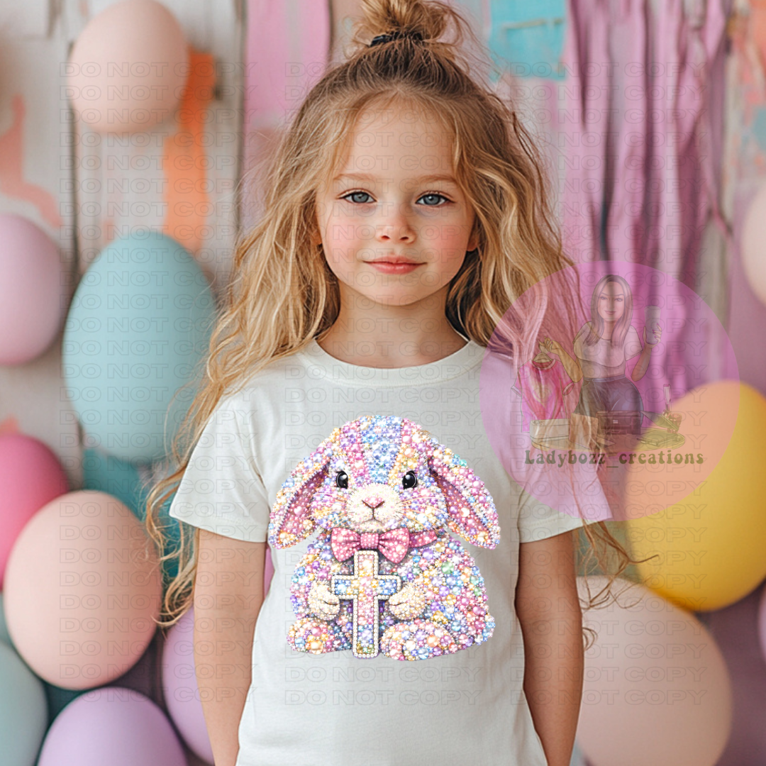 Bunny Rhinestone Easter Faux with Cross/kids/tshirts