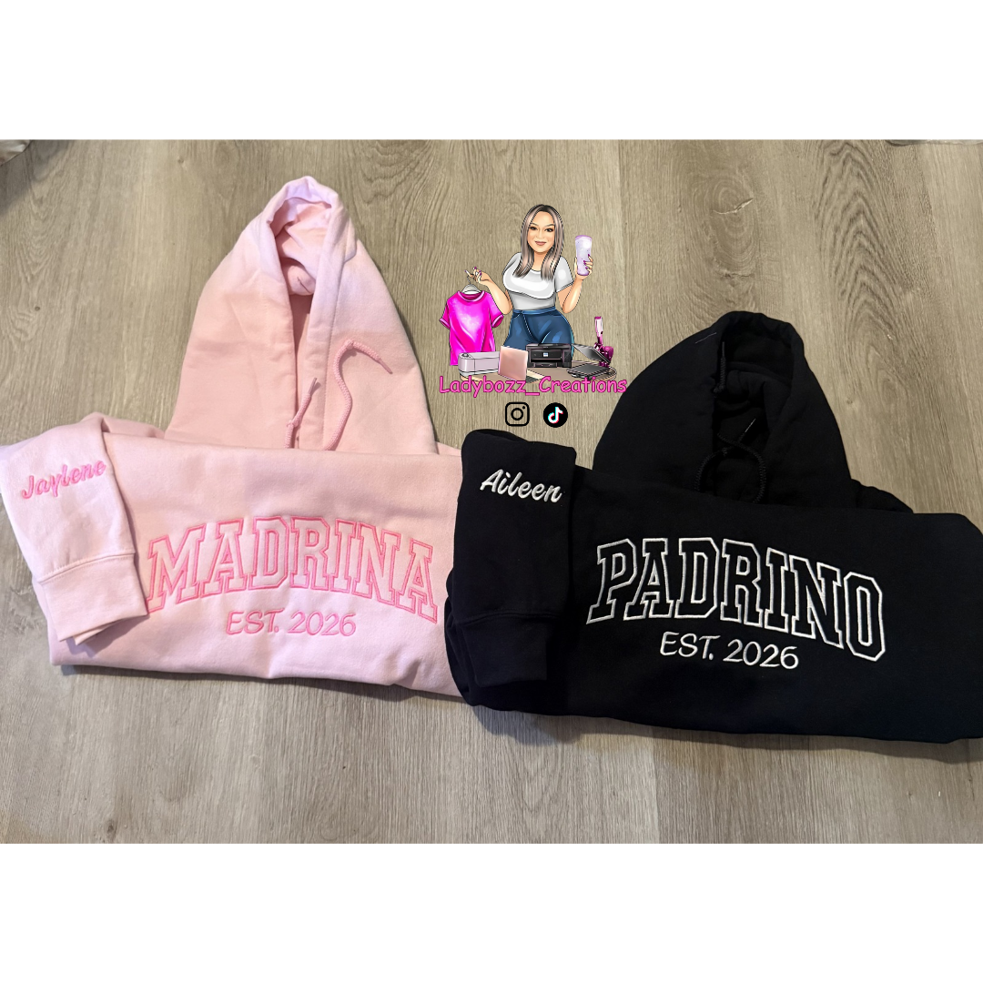 Custom Embroidery Madrina or Padrino Hoodie/Est Year + Sleeve Name
