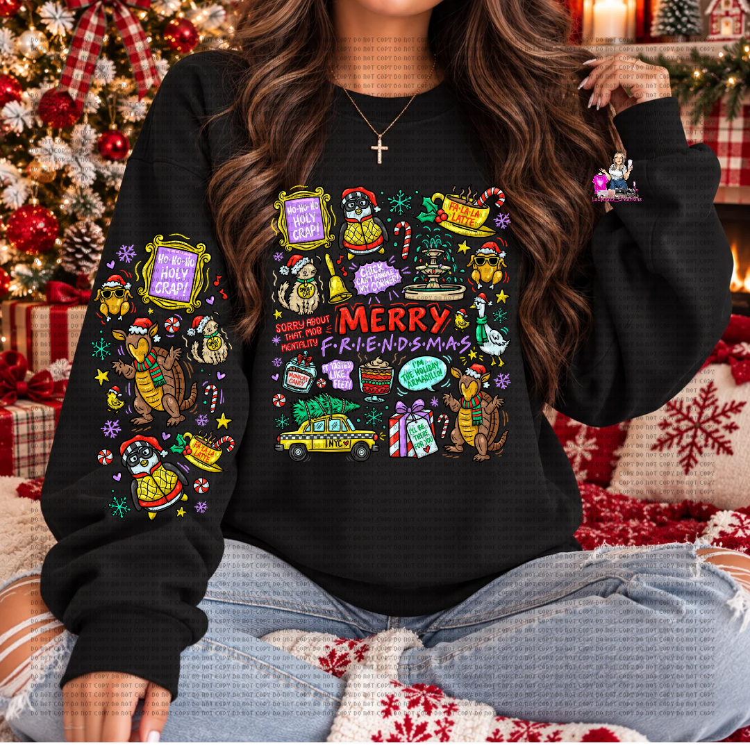Merry FriendsMas Movie Crewneck/Front and Sleeve Design/Christmas