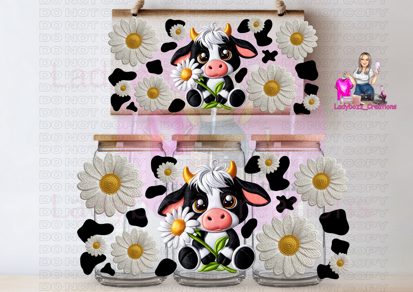 Highland Cow with Daisies Faux Embroidery/Libbey Cup or wrap only