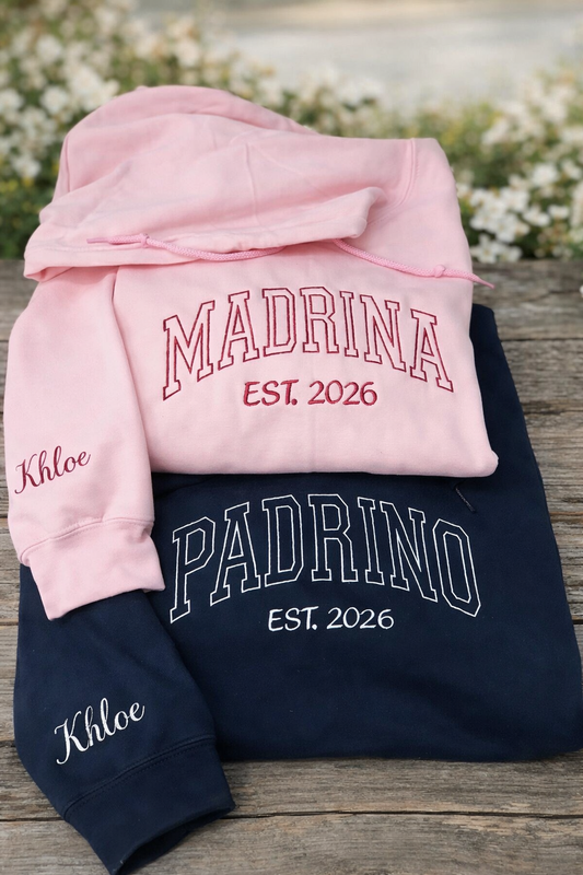 Custom Embroidery Madrina or Padrino Hoodie/Est Year + Sleeve Name