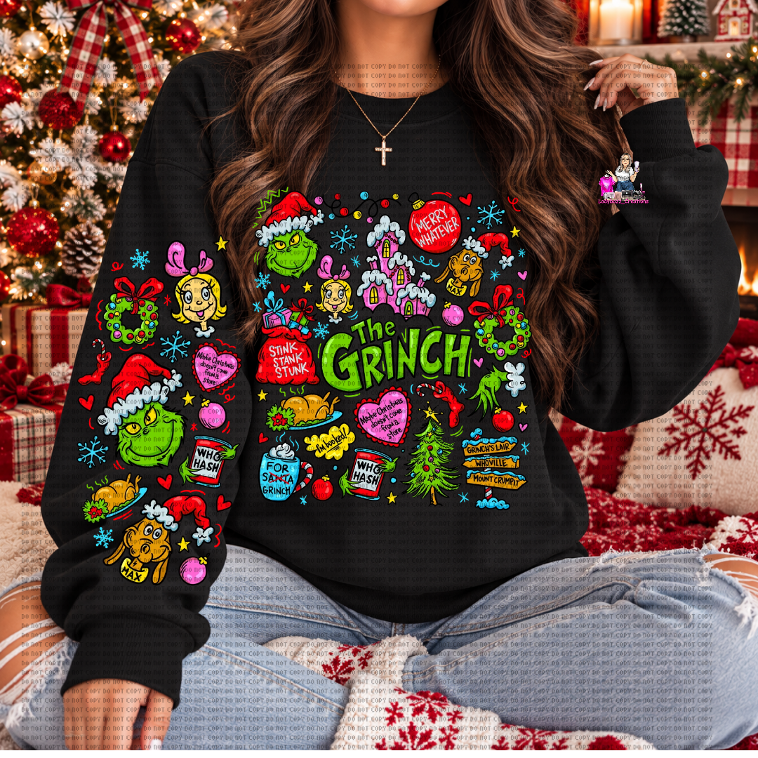 Green Guy Movie Crewneck/Front and Sleeve Design/Christmas