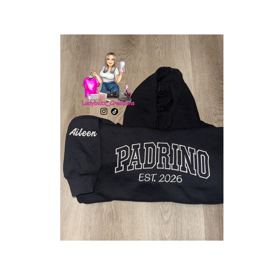Custom Embroidery Madrina or Padrino Hoodie/Est Year + Sleeve Name