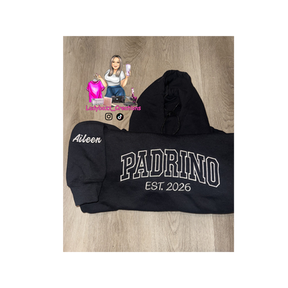 Custom Embroidery Madrina or Padrino Hoodie/Est Year + Sleeve Name