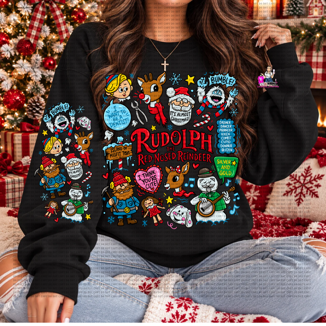 Red Nose Reindeer Crewneck/Front and Sleeve Design/Christmas