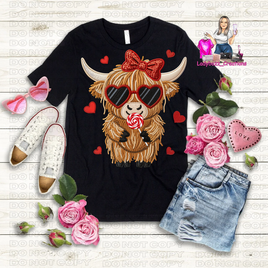 Highland Cow/Valentines/Faux Embroidery Tshirt/Several Options